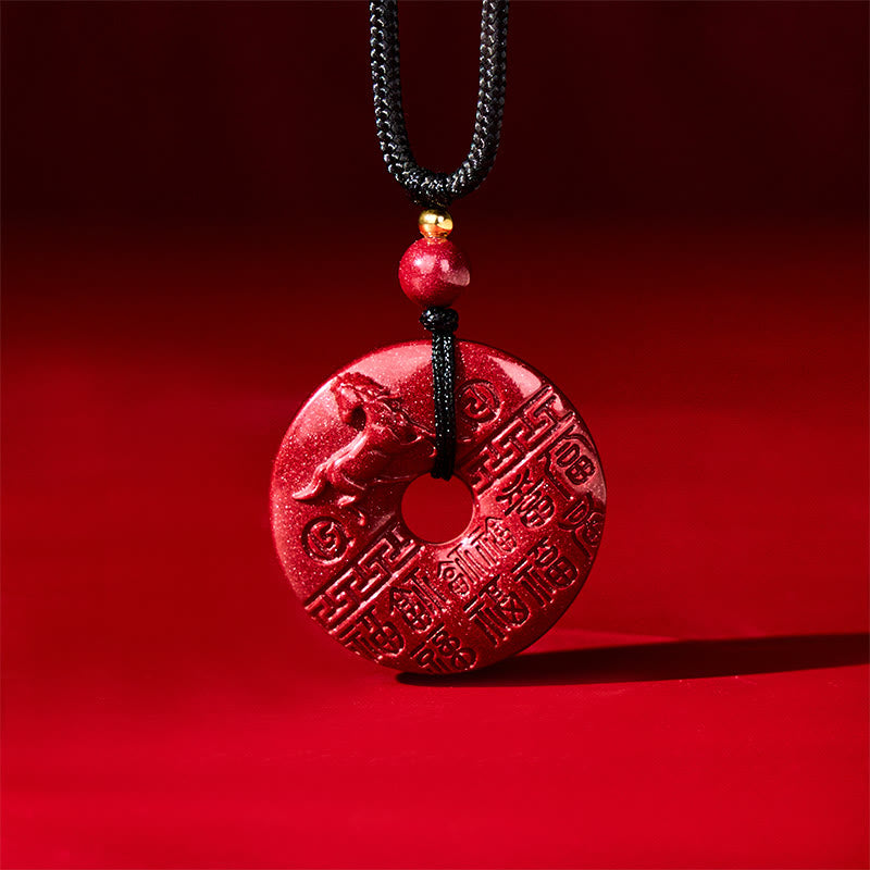 Buddha Stones Year Of The Horse Carved Fu Character Peace Buckle Design Cinnabar Blessing Auspicious Necklace Pendant - image 1