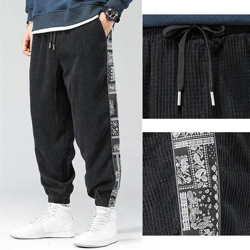 Buddha Stones Fall Solid Drawstring Side Paisley Pattern Straight Leg Ankle-length Corduroy Men's Pants With Pockets - image 8