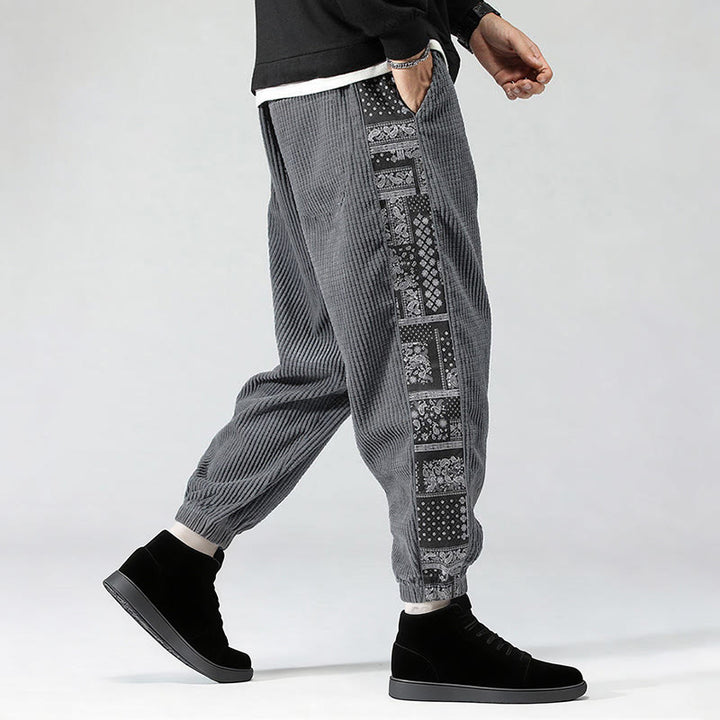 Buddha Stones Fall Solid Drawstring Side Paisley Pattern Straight Leg Ankle-length Corduroy Men's Pants With Pockets - image 21