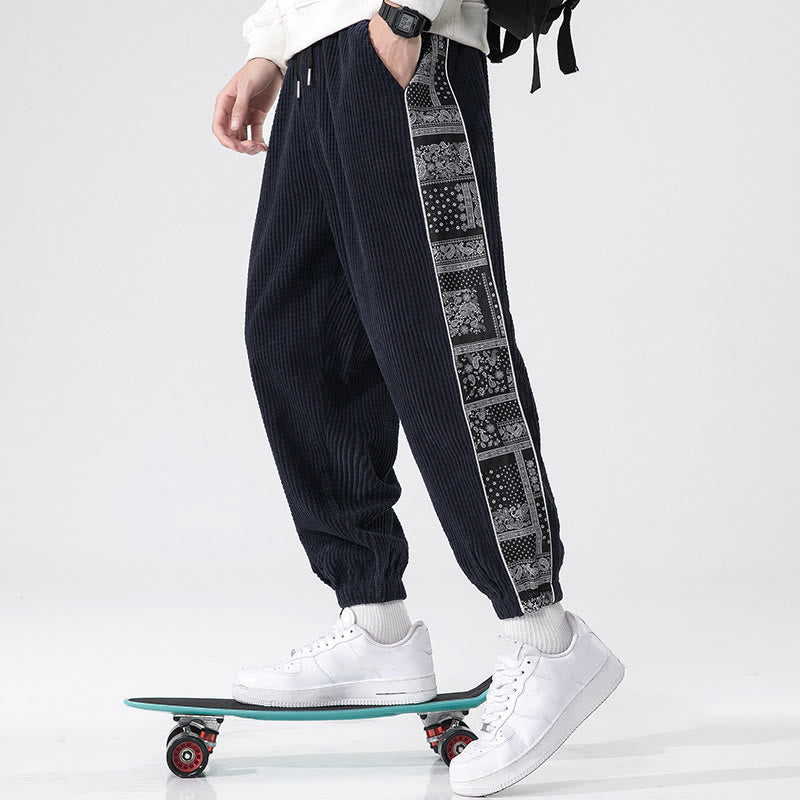 Buddha Stones Fall Solid Drawstring Side Paisley Pattern Straight Leg Ankle-length Corduroy Men's Pants With Pockets - image 7
