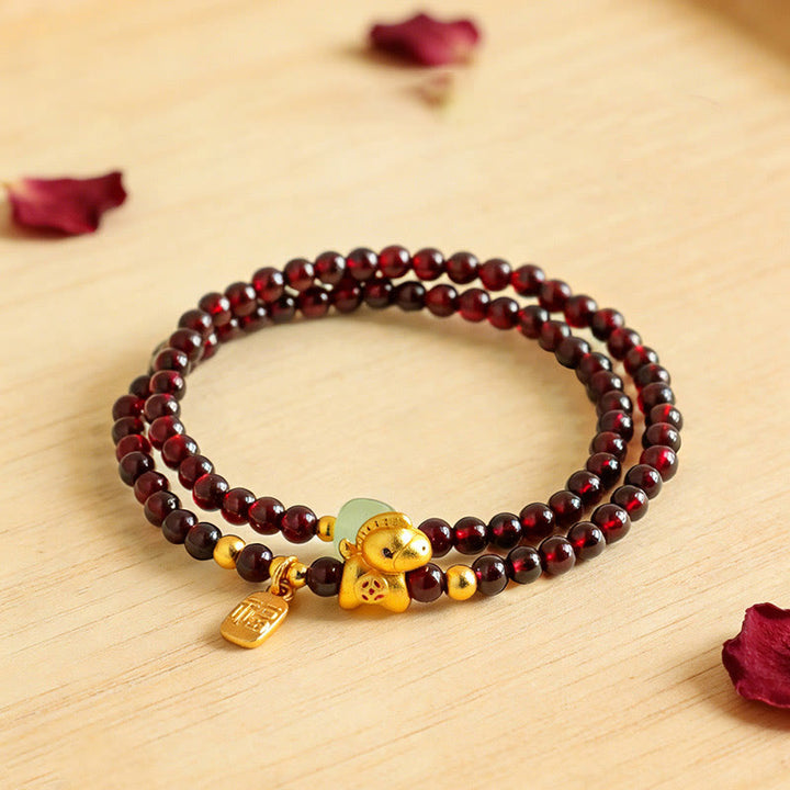Buddha Stones Year Of The Horse Garnet Jade Fu Character Stability Double Wrap Bracelet - Garnet Jade (Wrist Circumference: 14-15cm) - image 0
