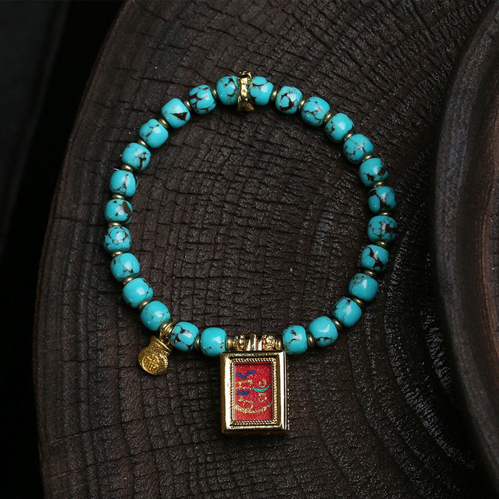 Buddha Stones Thangka Gau Amulet Box Turquoise Fu Character Protection Bracelet - Turquoise(Wrist Circumference:16-17cm) - image 0