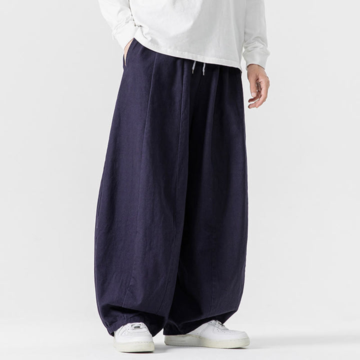 Buddha Stones Winter Commute Plain Drawstring Design Men's Wide Leg Cotton Pants With Pockets - image 3