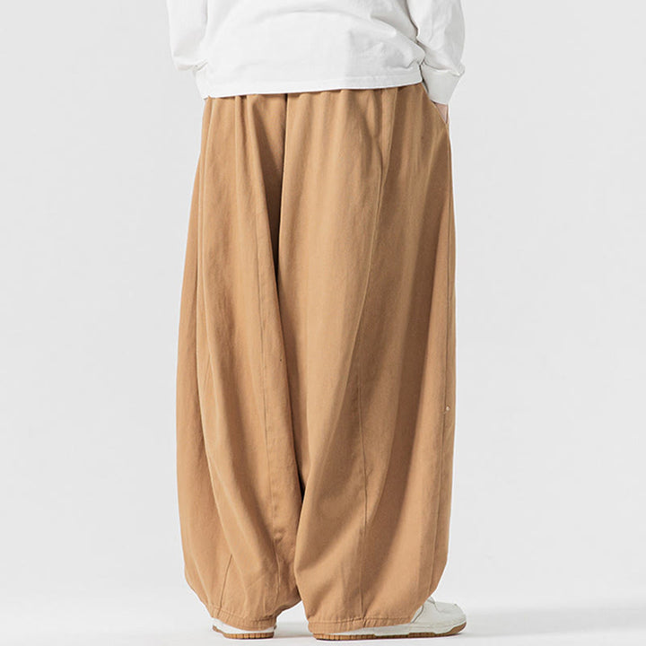 Buddha Stones Winter Commute Plain Drawstring Design Men's Wide Leg Cotton Pants With Pockets - image 10
