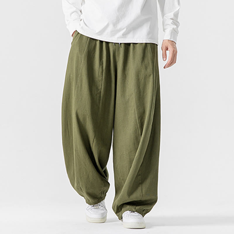 Buddha Stones Winter Commute Plain Drawstring Design Men's Wide Leg Cotton Pants With Pockets - image 19