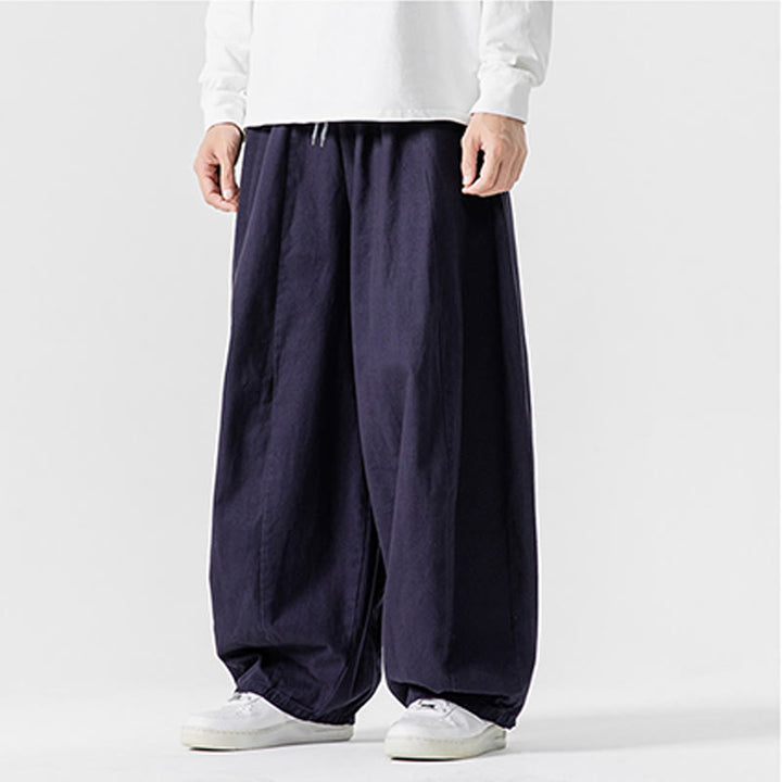 Buddha Stones Winter Commute Plain Drawstring Design Men's Wide Leg Cotton Pants With Pockets - image 2