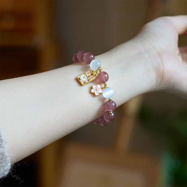 Buddha Stones Lucky Cat Peach Blossoms Charm Strawberry Quartz White Cat's Eye Healing Bracelet - image 0