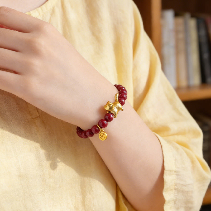 Buddha Stones Cute Lucky Cat Charm Garnet Cinnabar Calm Protection Beaded Bracelet - image 11