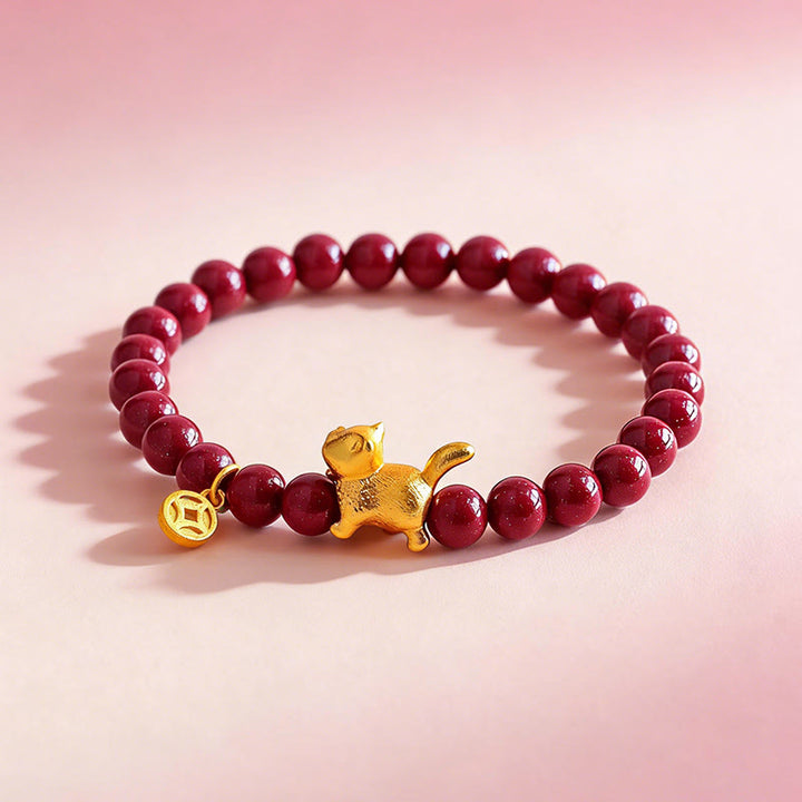 Buddha Stones Cute Lucky Cat Charm Garnet Cinnabar Calm Protection Beaded Bracelet - image 10