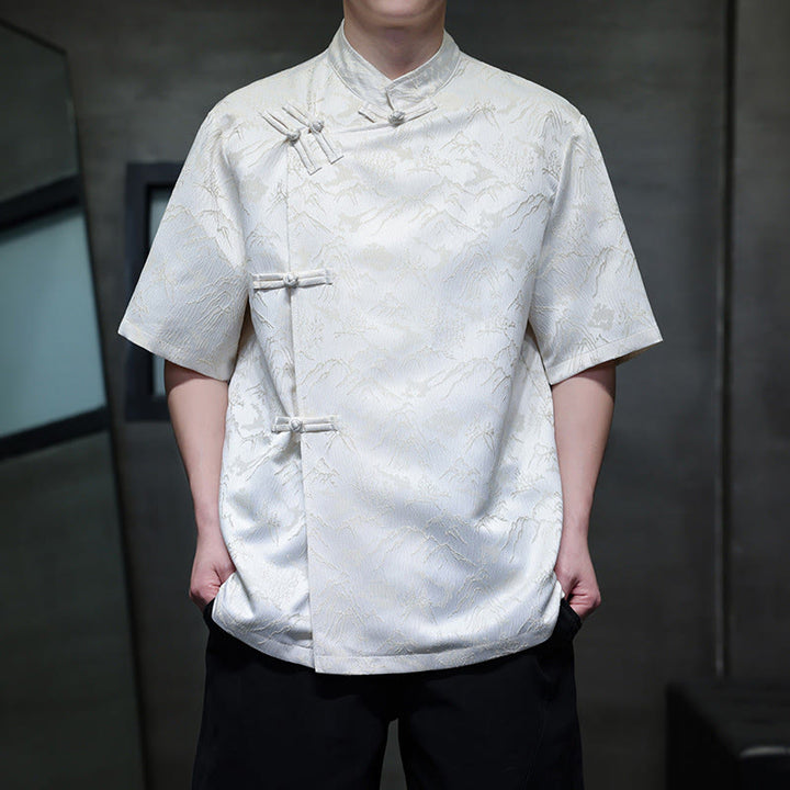 Buddha Stones Summer Mountain Pattern Jacquard Chinese Frog-Button Cotton Short Sleeve Men's Shirt - White - US/UK/AU42，EU52 (3XL) - image 0