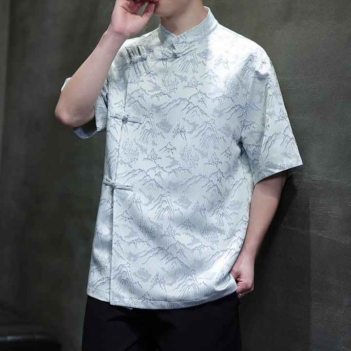 Buddha Stones Summer Mountain Pattern Jacquard Chinese Frog-Button Cotton Short Sleeve Men's Shirt - LightCyan - US/UK/AU42，EU52 (3XL) - image 7