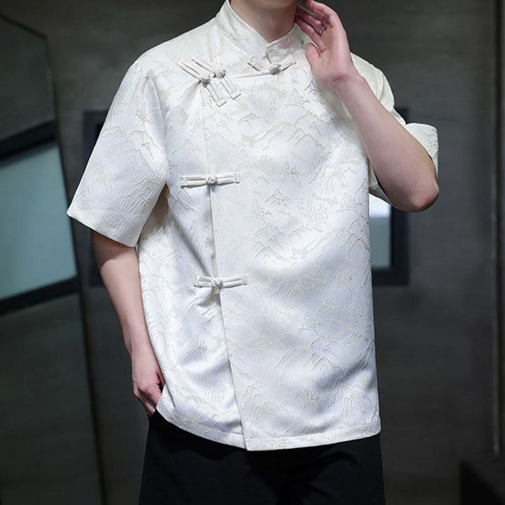 Buddha Stones Summer Mountain Pattern Jacquard Chinese Frog-Button Cotton Short Sleeve Men's Shirt - image 1