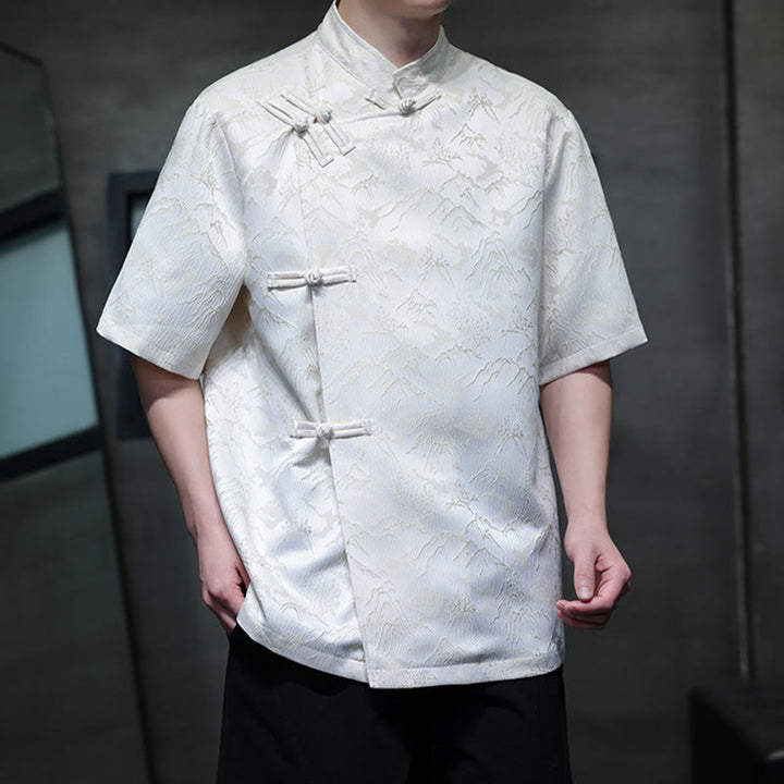 Buddha Stones Summer Mountain Pattern Jacquard Chinese Frog-Button Cotton Short Sleeve Men's Shirt - image 2