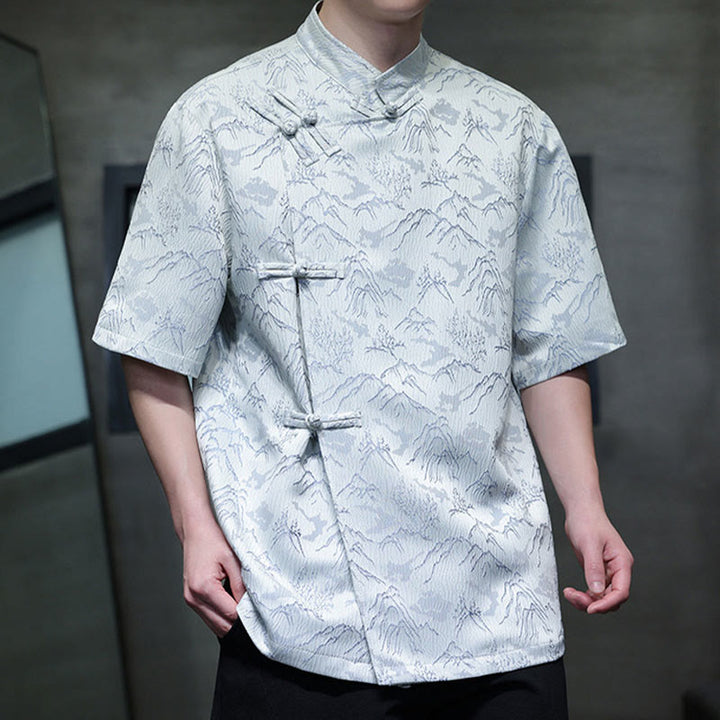 Buddha Stones Summer Mountain Pattern Jacquard Chinese Frog-Button Cotton Short Sleeve Men's Shirt - image 9