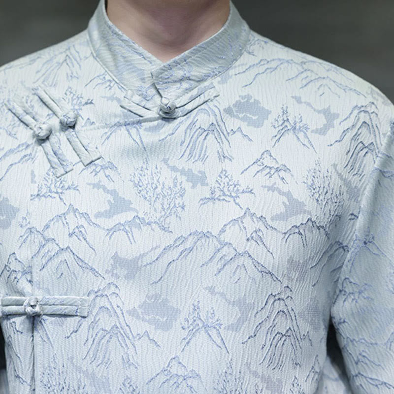 Buddha Stones Summer Mountain Pattern Jacquard Chinese Frog-Button Cotton Short Sleeve Men's Shirt - image 18