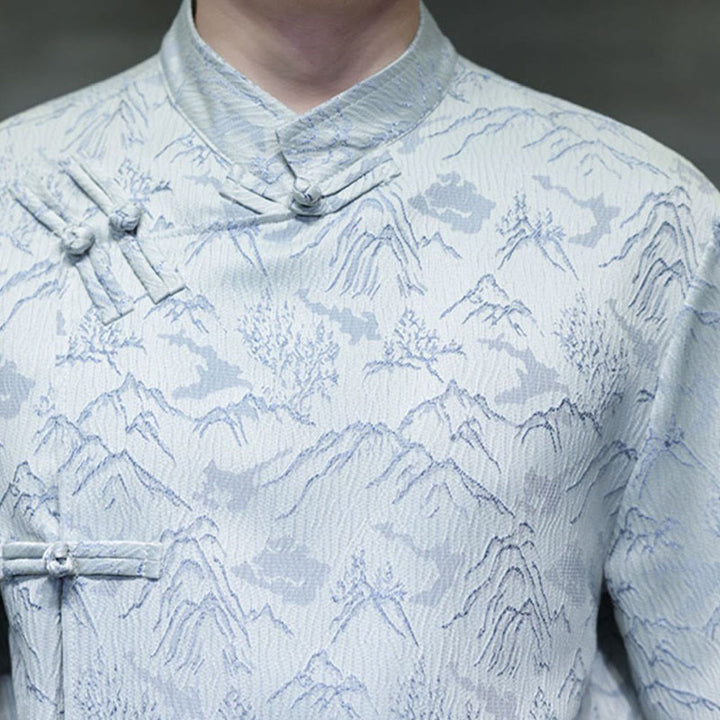 Buddha Stones Summer Mountain Pattern Jacquard Chinese Frog-Button Cotton Short Sleeve Men's Shirt - image 18