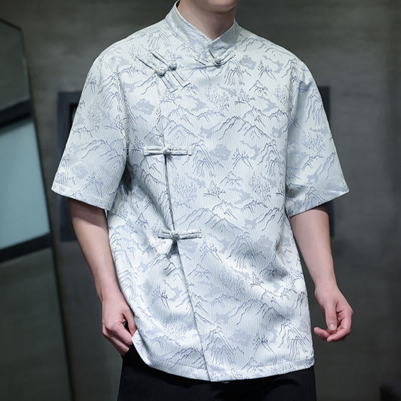Buddha Stones Summer Mountain Pattern Jacquard Chinese Frog-Button Cotton Short Sleeve Men's Shirt - image 9