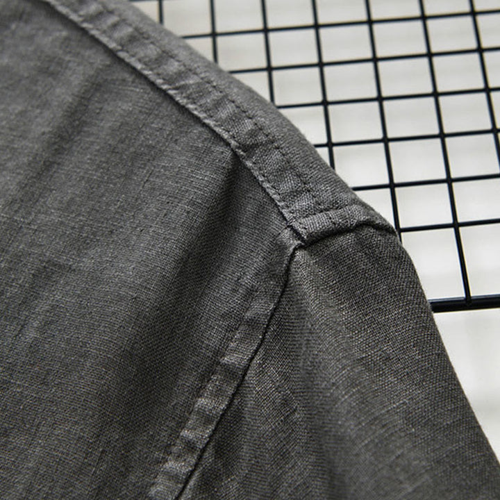 Buddha Stones Fall Solid Color Buttons Down Stand Collar Three Quarter Sleeve Linen Men's Shirt With Pockets - image 5