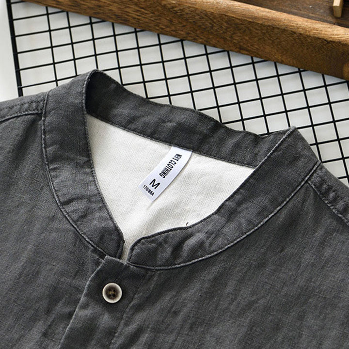 Buddha Stones Fall Solid Color Buttons Down Stand Collar Three Quarter Sleeve Linen Men's Shirt With Pockets - image 3