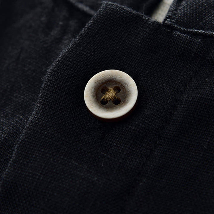 Buddha Stones Fall Solid Color Buttons Down Stand Collar Three Quarter Sleeve Linen Men's Shirt With Pockets - image 13