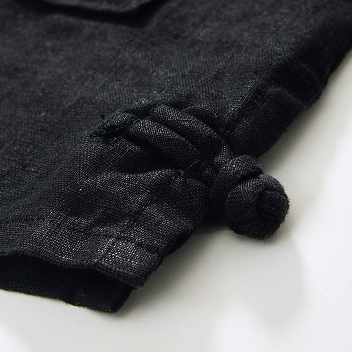 Buddha Stones Fall Solid Color Buttons Down Stand Collar Three Quarter Sleeve Linen Men's Shirt With Pockets - image 15