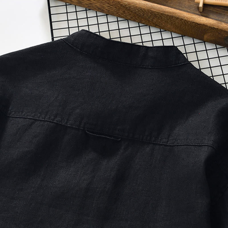 Buddha Stones Fall Solid Color Buttons Down Stand Collar Three Quarter Sleeve Linen Men's Shirt With Pockets - image 12