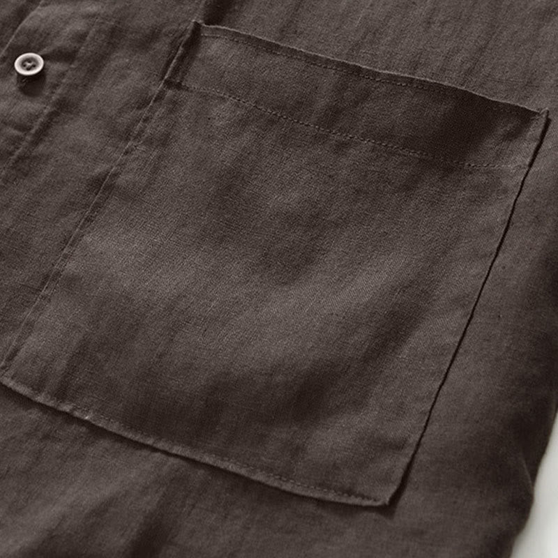 Buddha Stones Fall Solid Color Buttons Down Stand Collar Three Quarter Sleeve Linen Men's Shirt With Pockets - image 22