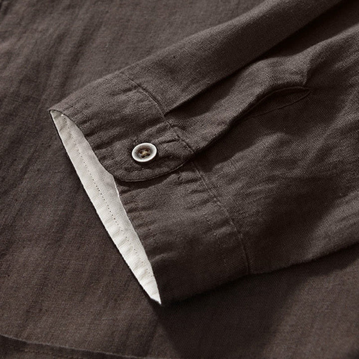 Buddha Stones Fall Solid Color Buttons Down Stand Collar Three Quarter Sleeve Linen Men's Shirt With Pockets - image 21