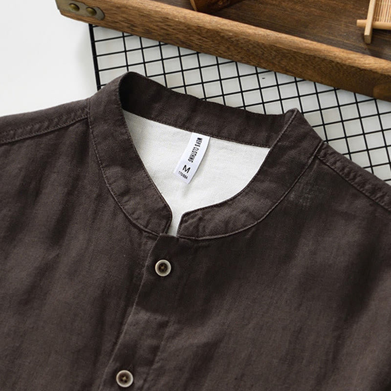 Buddha Stones Fall Solid Color Buttons Down Stand Collar Three Quarter Sleeve Linen Men's Shirt With Pockets - image 18