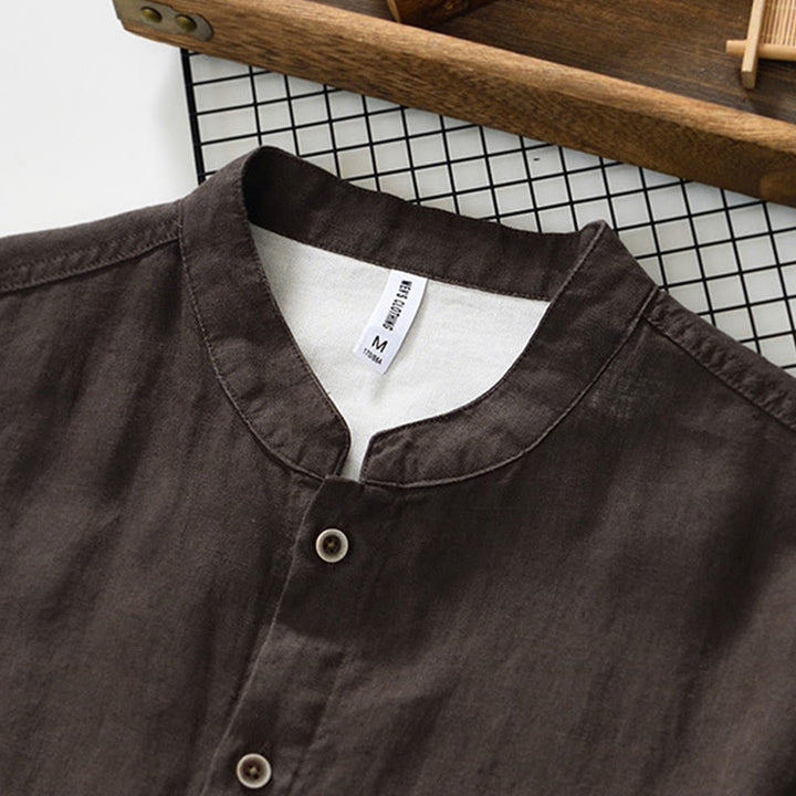 Buddha Stones Fall Solid Color Buttons Down Stand Collar Three Quarter Sleeve Linen Men's Shirt With Pockets - image 18