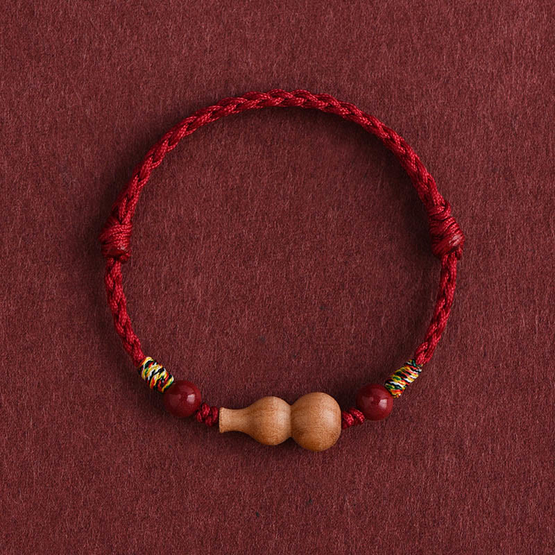 Buddha Stones Gourd Peach Wood Rope Adjustable Wealth Luck Bracelet - Darkred Rope(Wrist Circumference: 15-19cm) - image 0