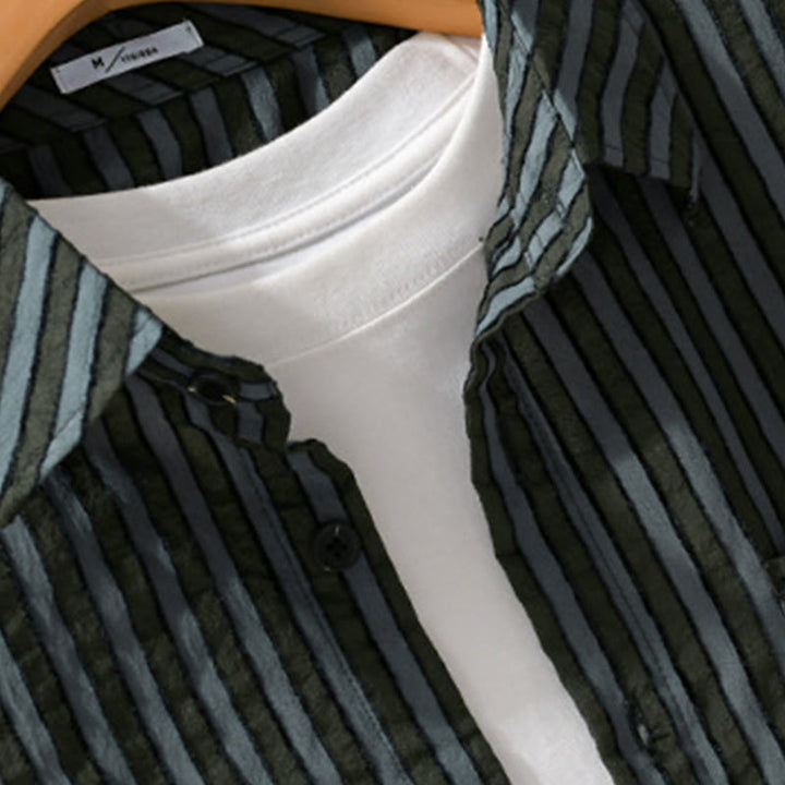 Buddha Stones Vintage Striped Buttons Down Stand Collar Long Sleeve Men's Cotton Shirt - image 3