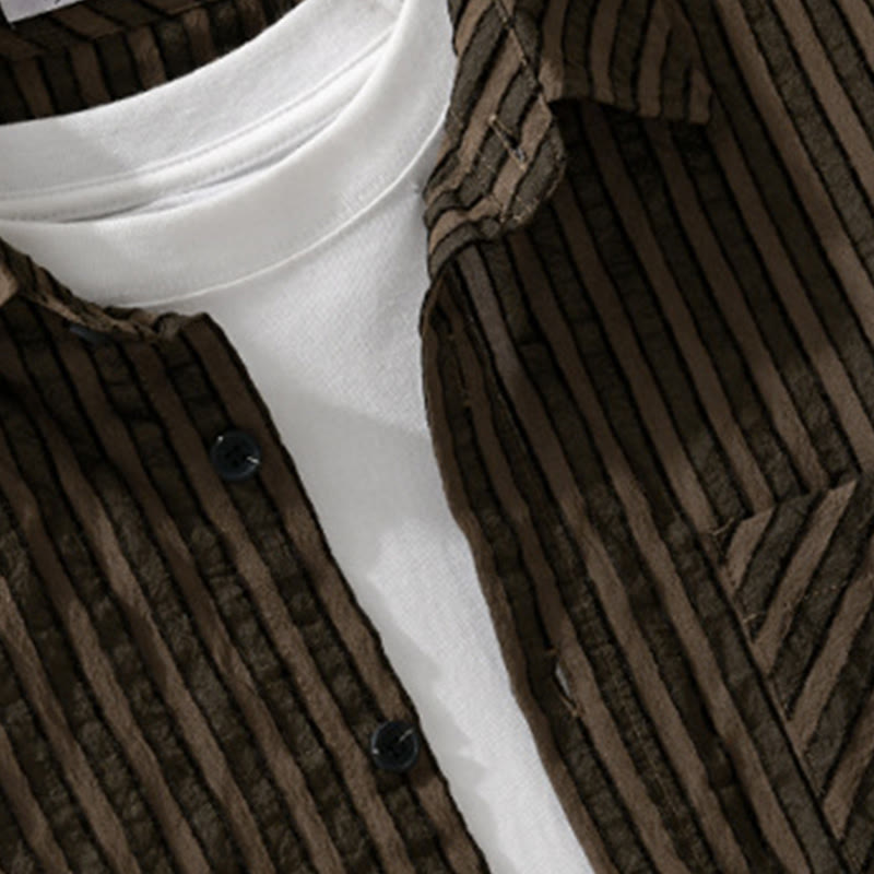 Buddha Stones Vintage Striped Buttons Down Stand Collar Long Sleeve Men's Cotton Shirt - image 9