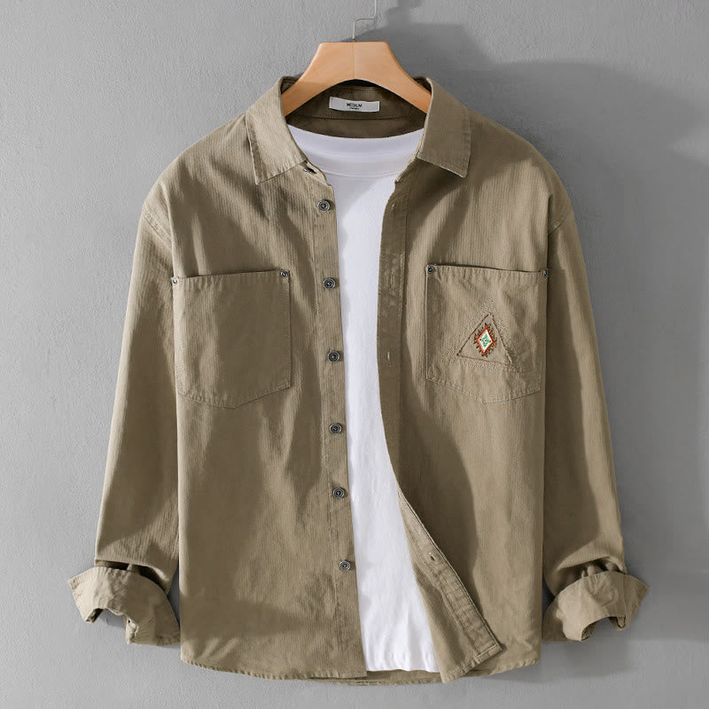 Buddha Stones Fall Triangle Rhombus Decorative Pocket Buttons Down Stand Collar Long Sleeve Men's Cotton Shirt - Tan - US/UK/AU42，EU52 (3XL) - image 15