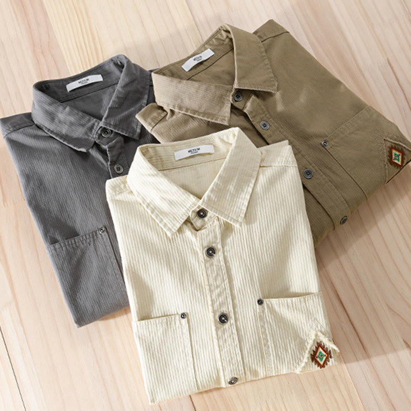 Buddha Stones Fall Triangle Rhombus Decorative Pocket Buttons Down Stand Collar Long Sleeve Men's Cotton Shirt - image 22