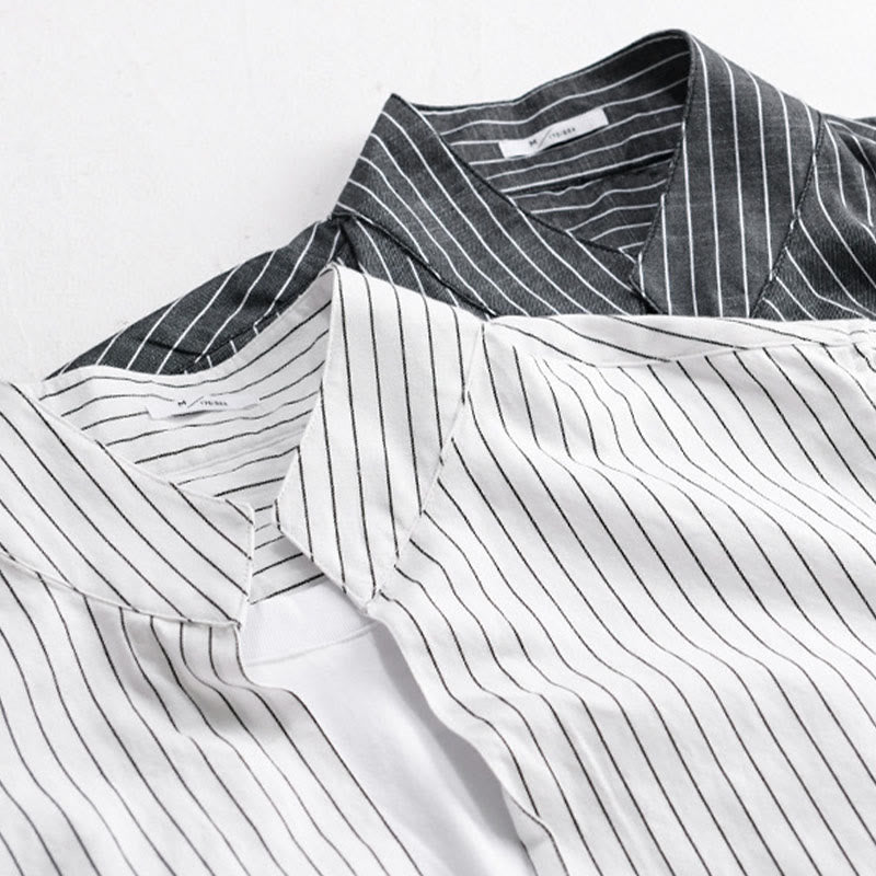 Buddha Stones Fall 2 In 1 Stripes Stand Collar Long Sleeve Men's Cotton Shirt - image 17