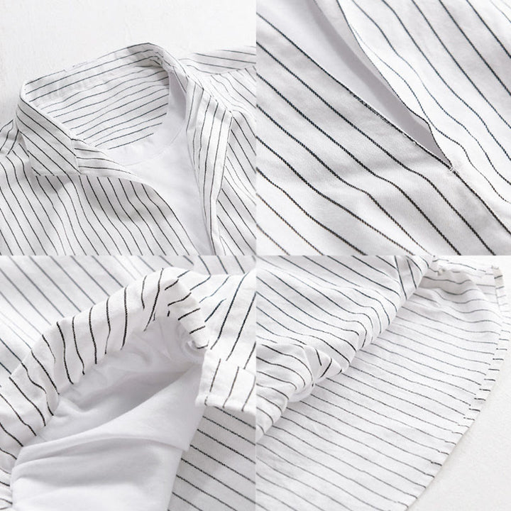 Buddha Stones Fall 2 In 1 Stripes Stand Collar Long Sleeve Men's Cotton Shirt - image 3