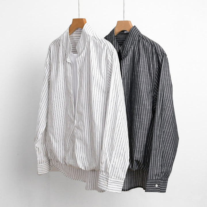 Buddha Stones Fall 2 In 1 Stripes Stand Collar Long Sleeve Men's Cotton Shirt - image 15