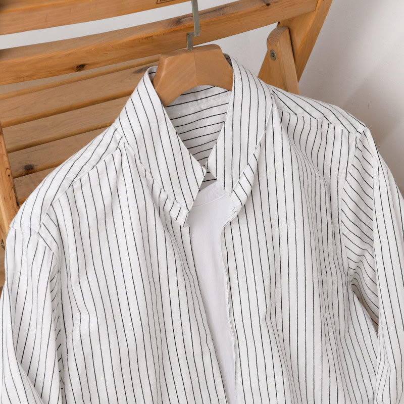 Buddha Stones Fall 2 In 1 Stripes Stand Collar Long Sleeve Men's Cotton Shirt - image 2