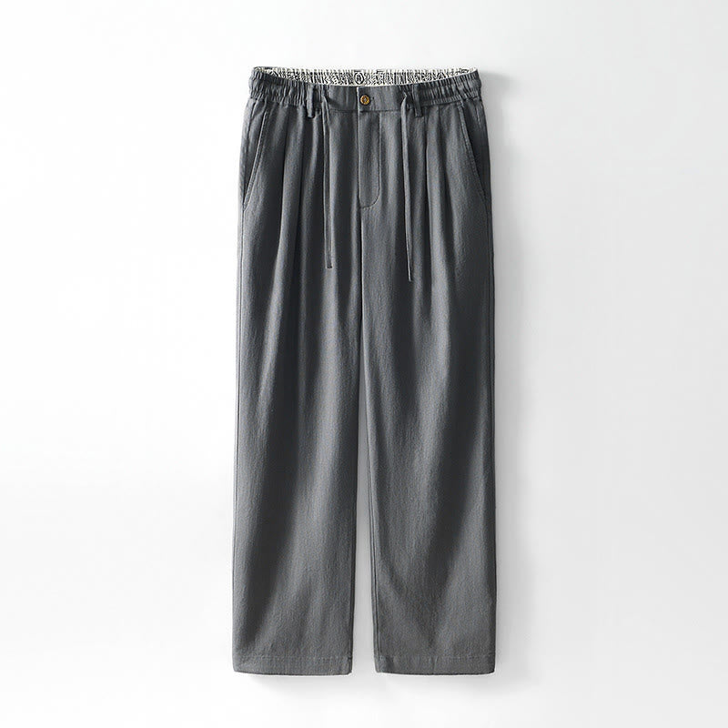 Buddha Stones Fall Solid Drawstring Zipper Men's Linen Wide Leg Pants With Pockets - Gray - US/UK/AU44，EU54 (4XL) - image 0