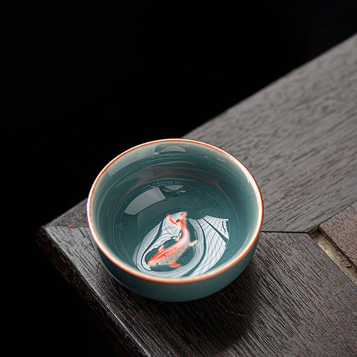 Buddha Stones Hand Painted Koi Fish Ceramic Teacup Kung Fu Tea Cup 50ml - Dark Blue 6.4cm*2.8cm*50ml - image 0