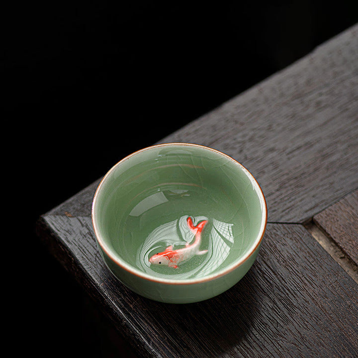 Buddha Stones Hand Painted Koi Fish Ceramic Teacup Kung Fu Tea Cup 50ml - Plum Green 6.4cm*2.8cm*50ml - image 3