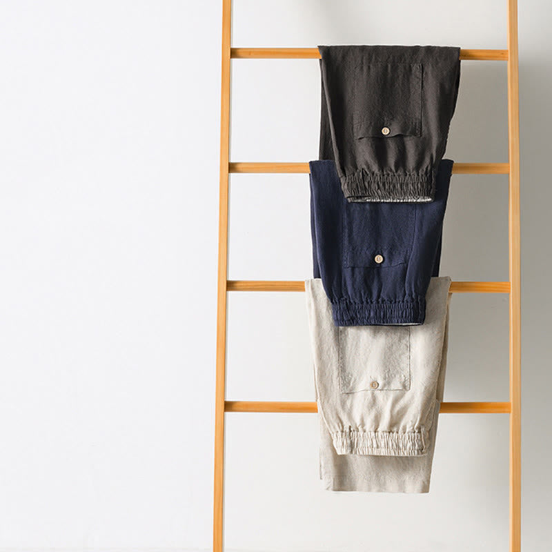 Buddha Stones Fall Solid Drawstring Elastic Waist Men's Linen Straight Leg Pants With Pockets - image 16