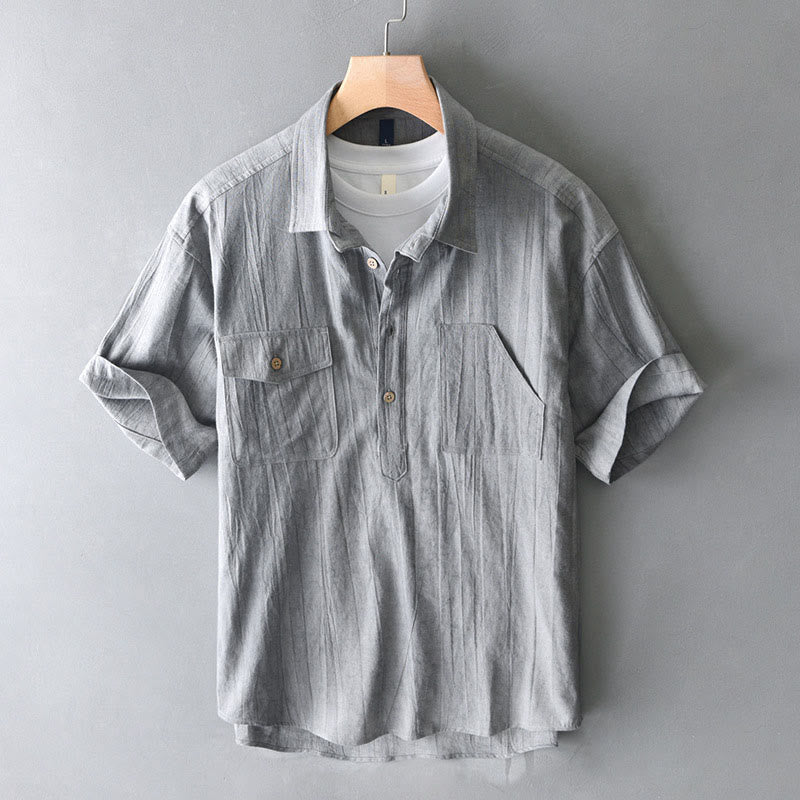 Buddha Stones Summer Solid Pleated Design Men's Half Button Short Sleeve Cotton Ramie Shirt - Gray - US/UK/AU44，EU54 (4XL) - image 11