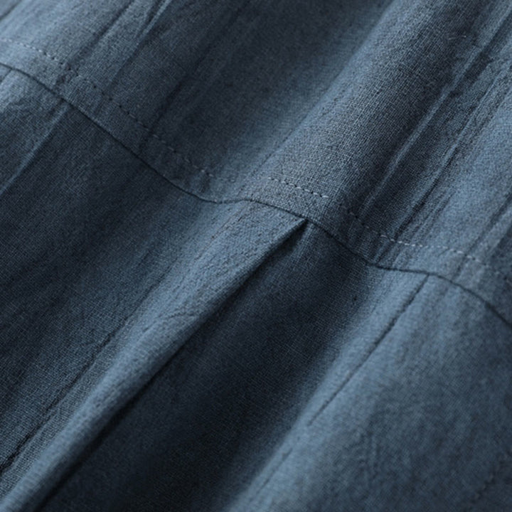 Buddha Stones Summer Solid Pleated Design Men's Half Button Short Sleeve Cotton Ramie Shirt - image 6