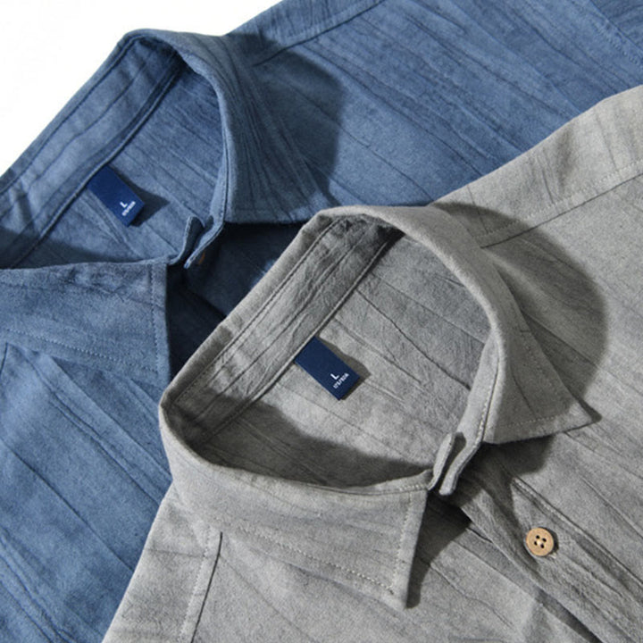 Buddha Stones Summer Solid Pleated Design Men's Half Button Short Sleeve Cotton Ramie Shirt - image 13