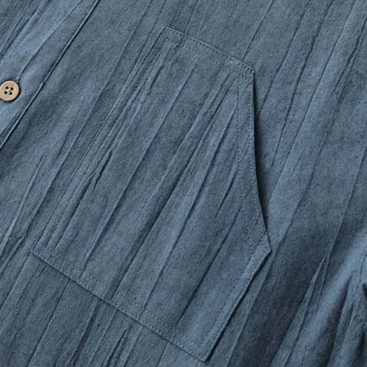 Buddha Stones Summer Solid Pleated Design Men's Half Button Short Sleeve Cotton Ramie Shirt - image 5