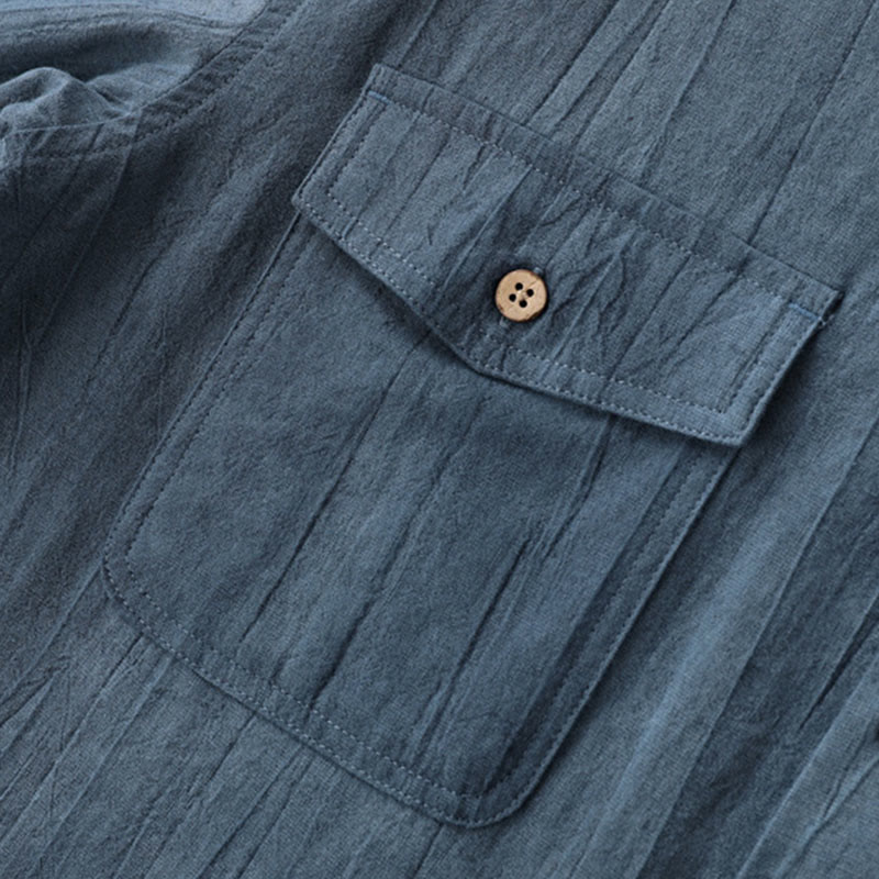 Buddha Stones Summer Solid Pleated Design Men's Half Button Short Sleeve Cotton Ramie Shirt - image 4