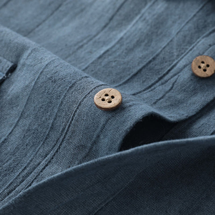 Buddha Stones Summer Solid Pleated Design Men's Half Button Short Sleeve Cotton Ramie Shirt - image 3