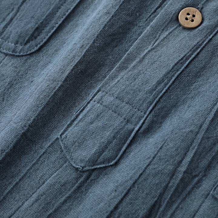 Buddha Stones Summer Solid Pleated Design Men's Half Button Short Sleeve Cotton Ramie Shirt - image 2